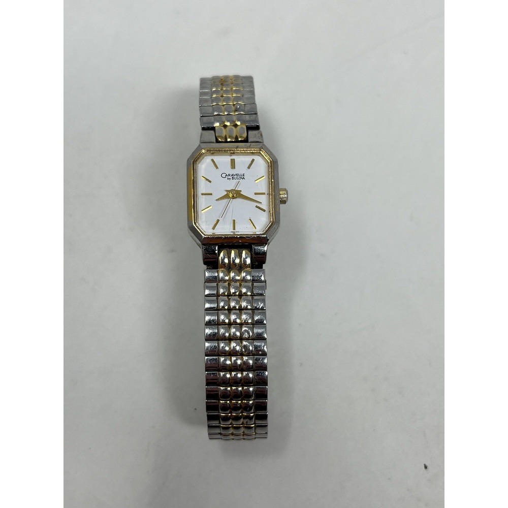 Vintage Caravell Bulova Watch Women Gold Dial Rectangle 17mm
